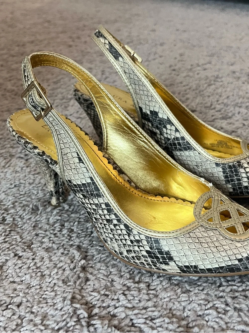 Laura Ashley Metallic Gold Snake-Print Slingback Heels
